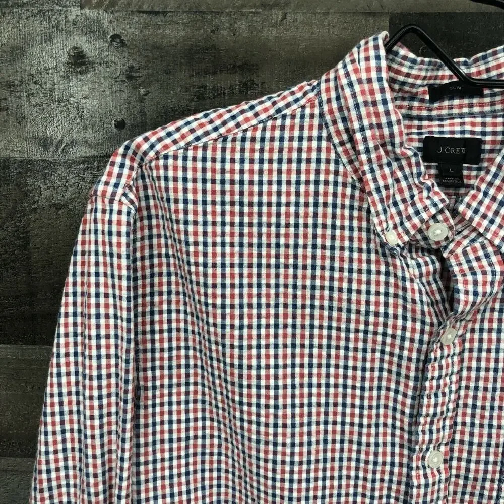 J Crew Men's Slim Fit Button Down Gingham Plaid Shirt Sz LG Red Blue 100% Cotton
